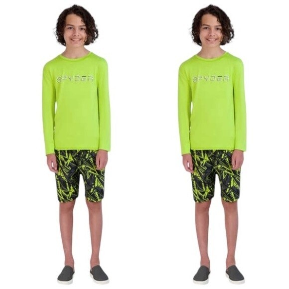 Swim Trunks Boys XL Green Spyder Youth 2-piece Swim 2 Set UPF 30 Swim Shirt WB - Picture 1 of 7